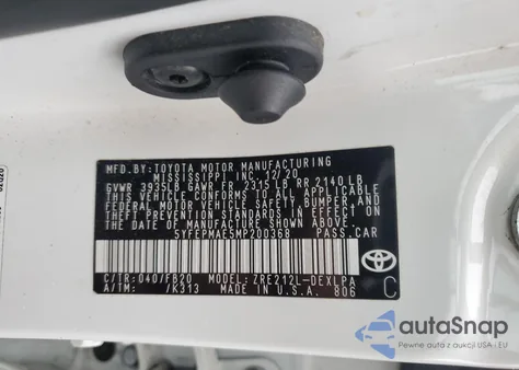 2021 Toyota Corolla Le z USA, uszkodzony, nr VIN 5YFEPMAE5MP200368